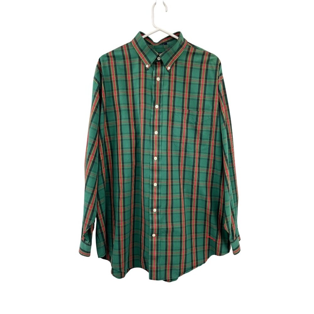 Daniel Cremieux Shirt Mens XL Used Plaid Cotton Button Down Green Red